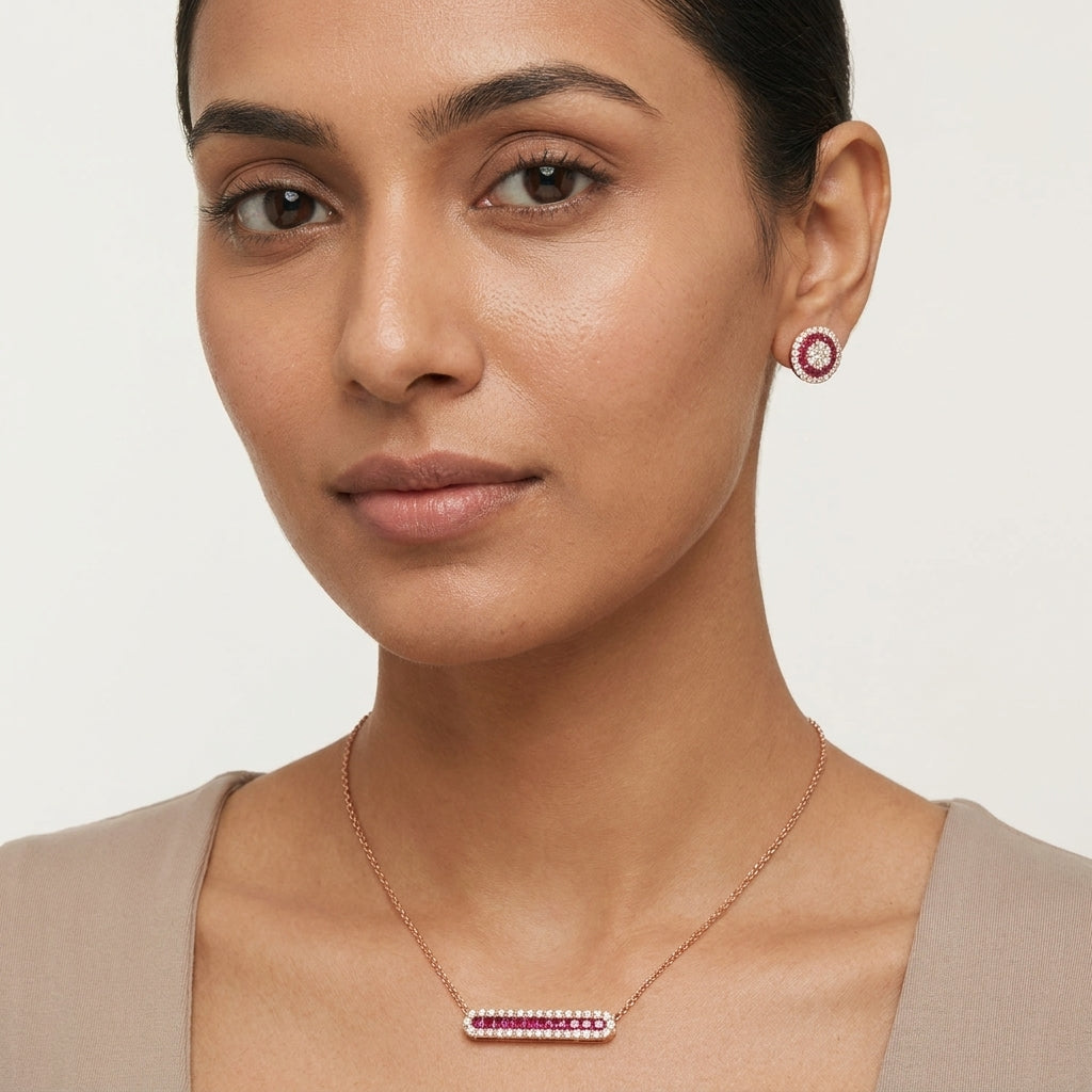 Rose Gold Pink Stone Necklace & Earrings Set for Women – Elegant Luxury Jewellery
