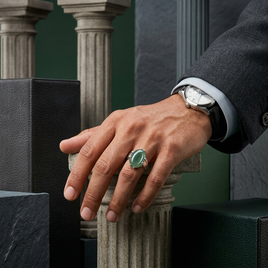Green Jade Silver Men's Statement Ring