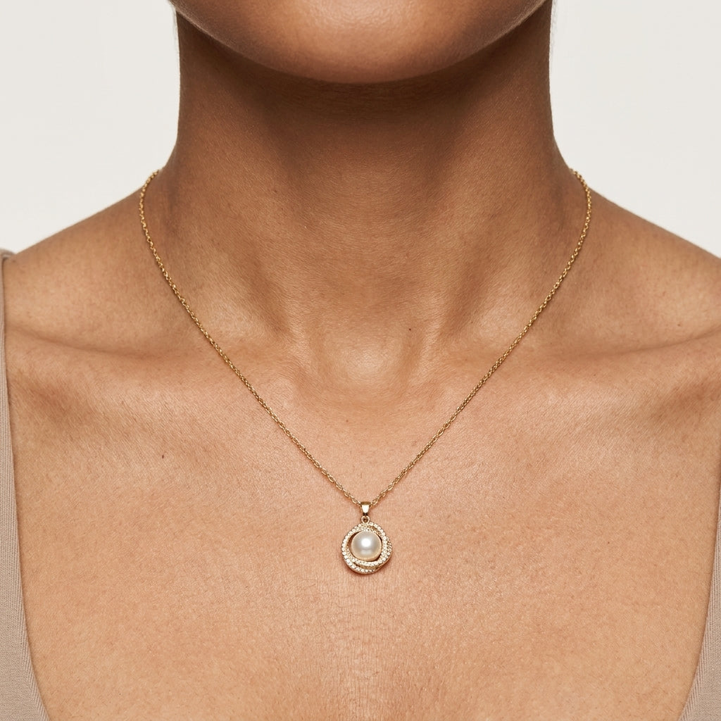 9KT Gold Pearl Halo Pendant Necklace for Women