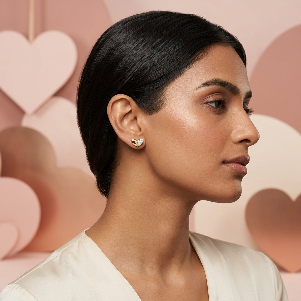 9KT Gold Diamond Heart Stud Earrings for Women