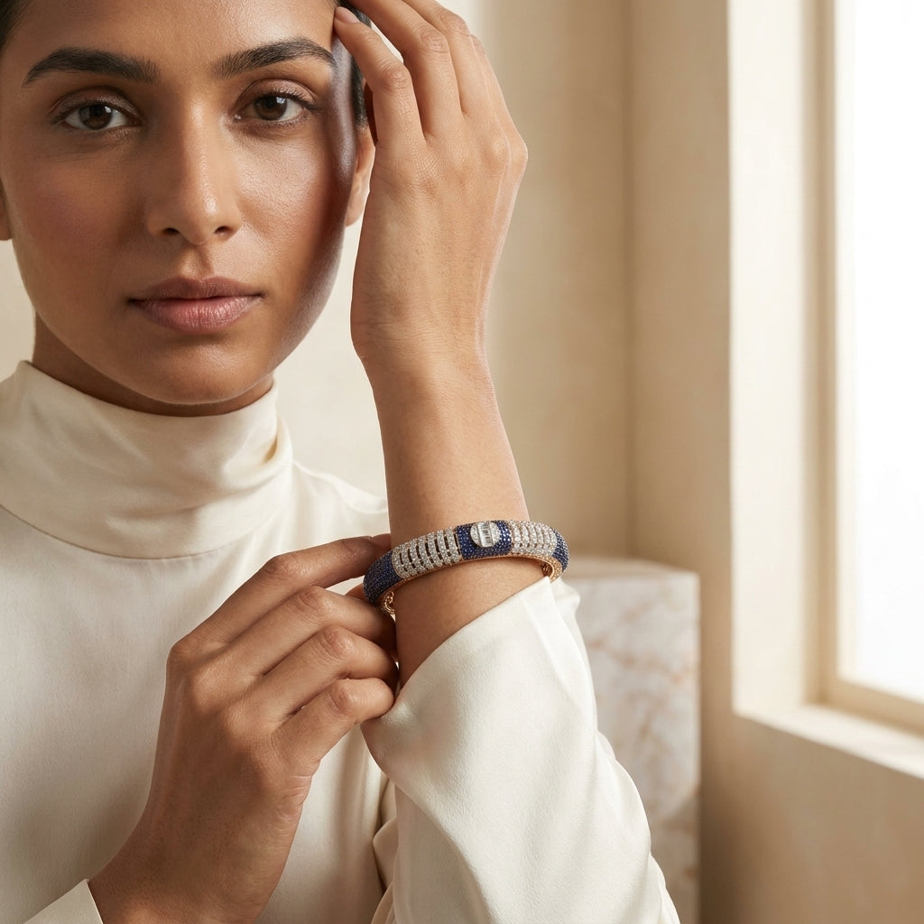 Blue Sapphire & Diamond Gold Bangle Bracelet for Women – Luxury Statement Jewellery