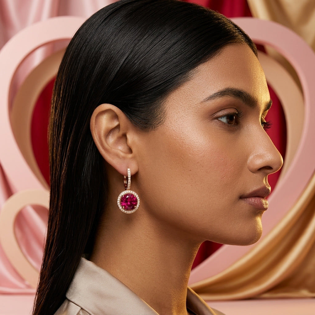 9KT Gold Ruby Halo Drop Earrings for Women