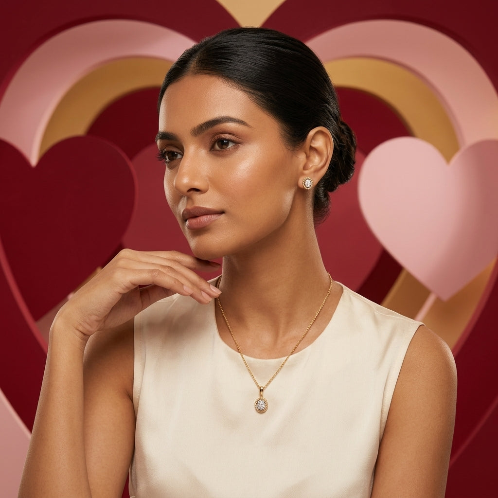 9KT Gold Oval Halo Pendant Necklace & Stud Earrings Set