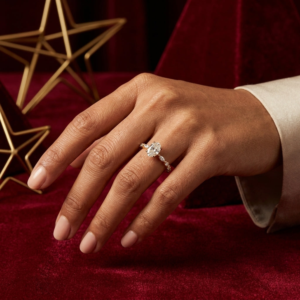 Marquise Accent Stones Oval Lab Grown Diamond Gold Solitaire Ring