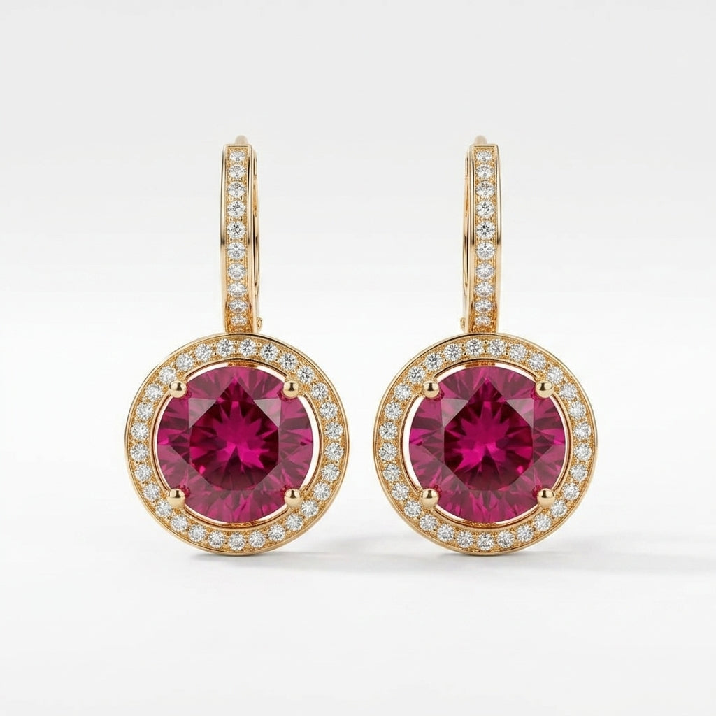 9KT Gold Ruby Halo Drop Earrings for Women