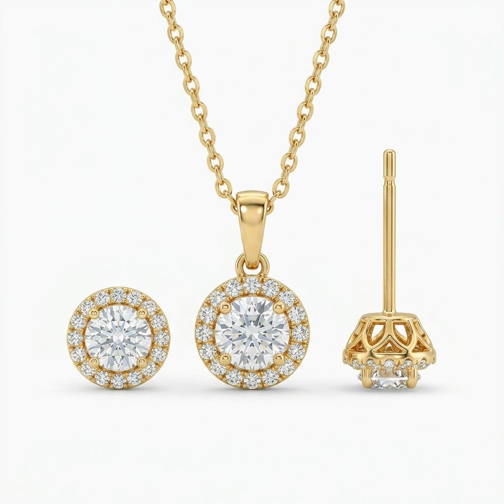 9KT Gold Diamond Halo Pendant & Stud Earrings Set