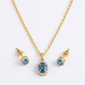 9KT Gold Blue Topaz Halo Pendant Necklace & Stud Earrings Set