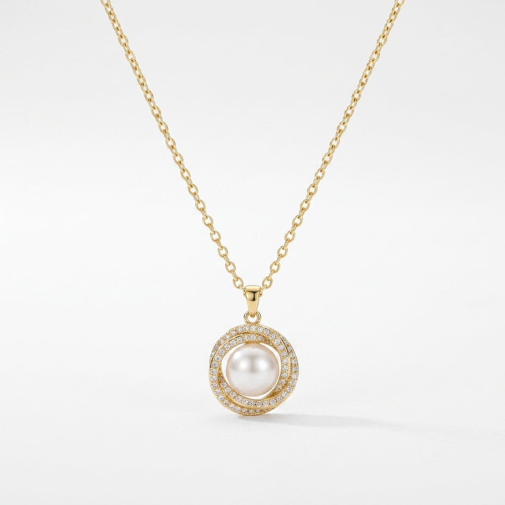 9KT Gold Pearl Halo Pendant Necklace for Women