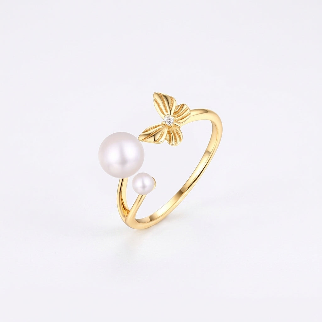 9KT Gold Pearl Flower Open Ring for Women