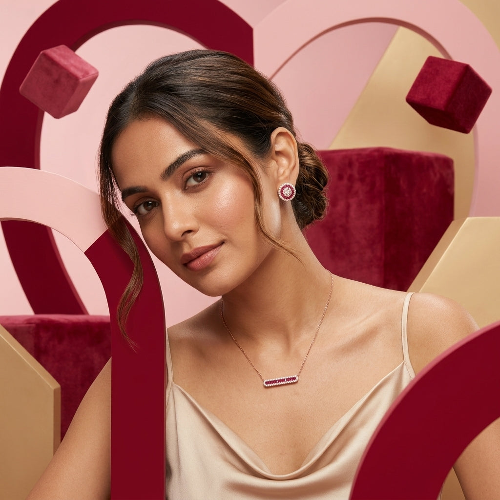 Rose Gold Pink Stone Necklace & Earrings Set for Women – Elegant Luxury Jewellery