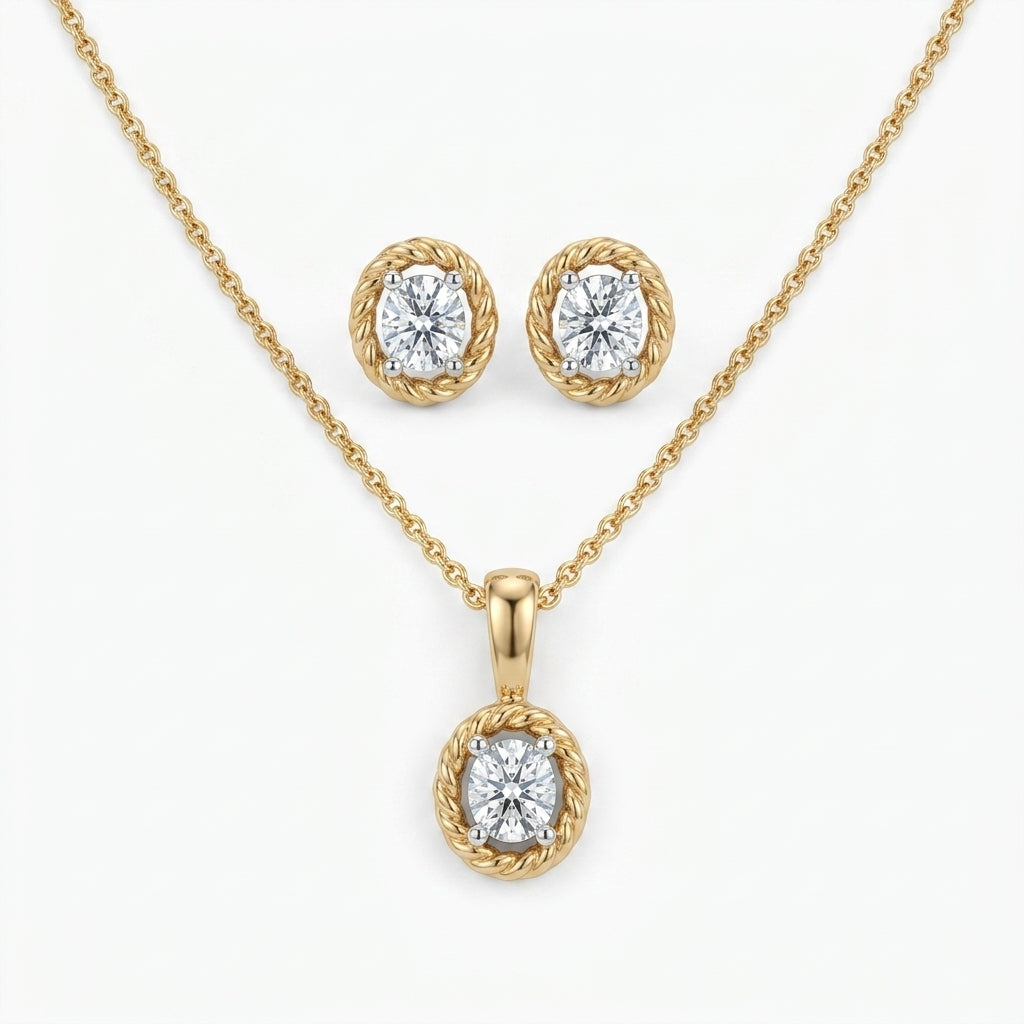 9KT Gold Oval Halo Pendant Necklace & Stud Earrings Set