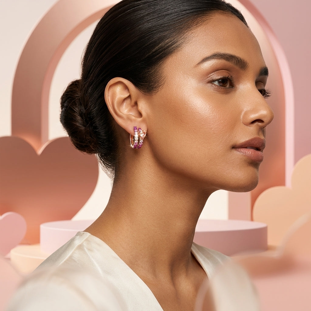 Pink Sapphire & Morganite Double Hoop Gold Earrings for Women