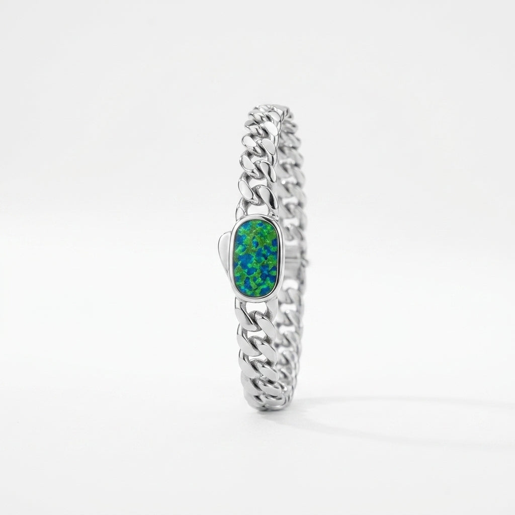 925 Sterling Silver Cuban Link Bracelet with Green Opal Stone for Men