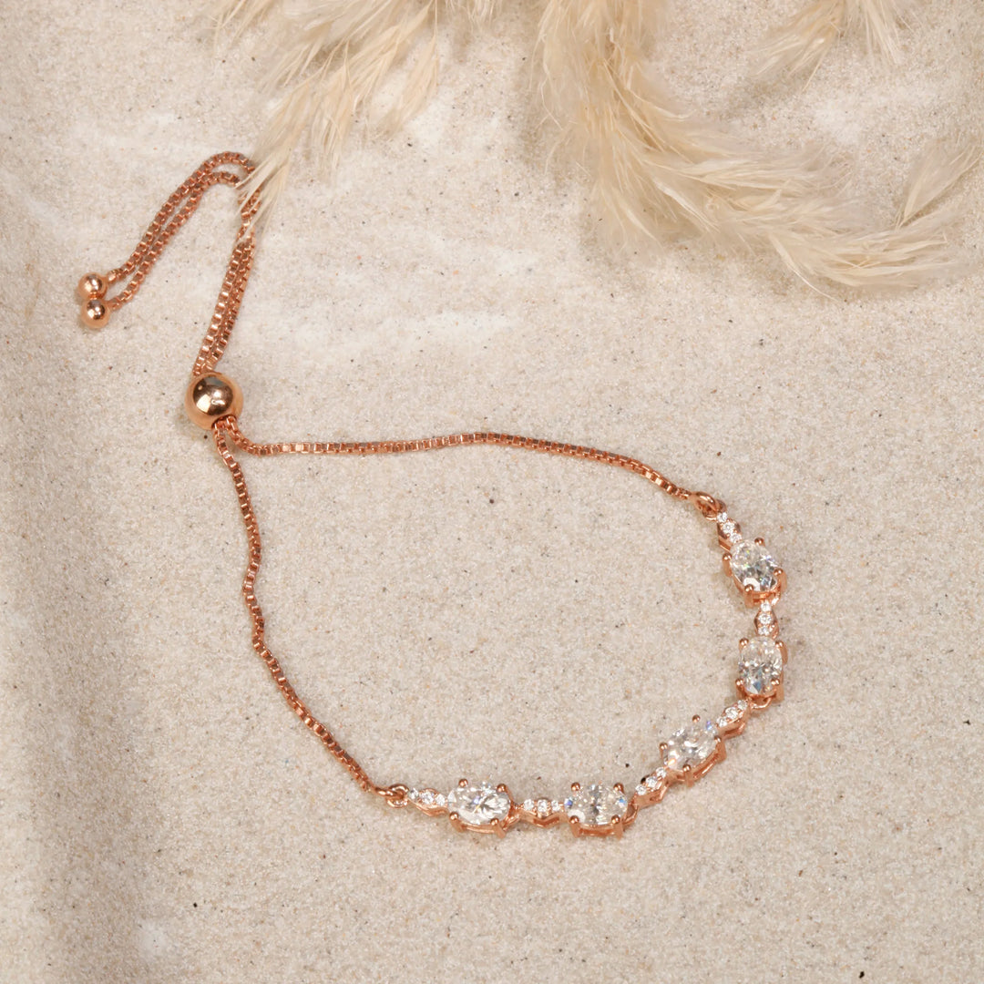 Rose Gold Plated Adjustable Slider Bracelet with Oval Cut American Diamonds