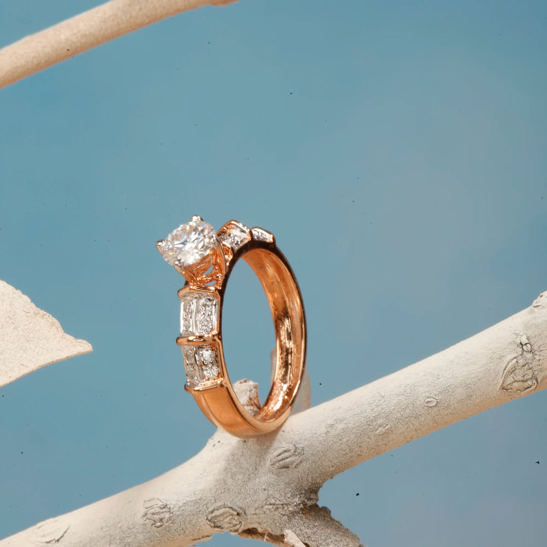 Rose Gold Plated Round Solitaire Ring with Heavy American Diamond Band