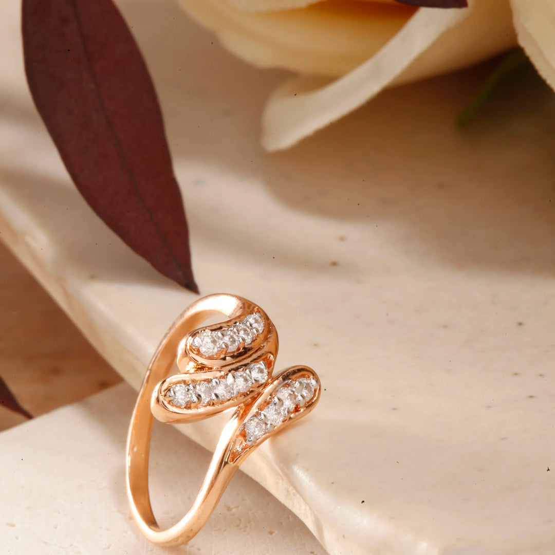 Rose Gold Plated Triple Leaf Design Ring with American Diamonds - Fancy Party Wear